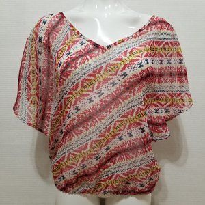 Wallflower top Small semi sheer geometric dolman keyhole tie back peasant boho